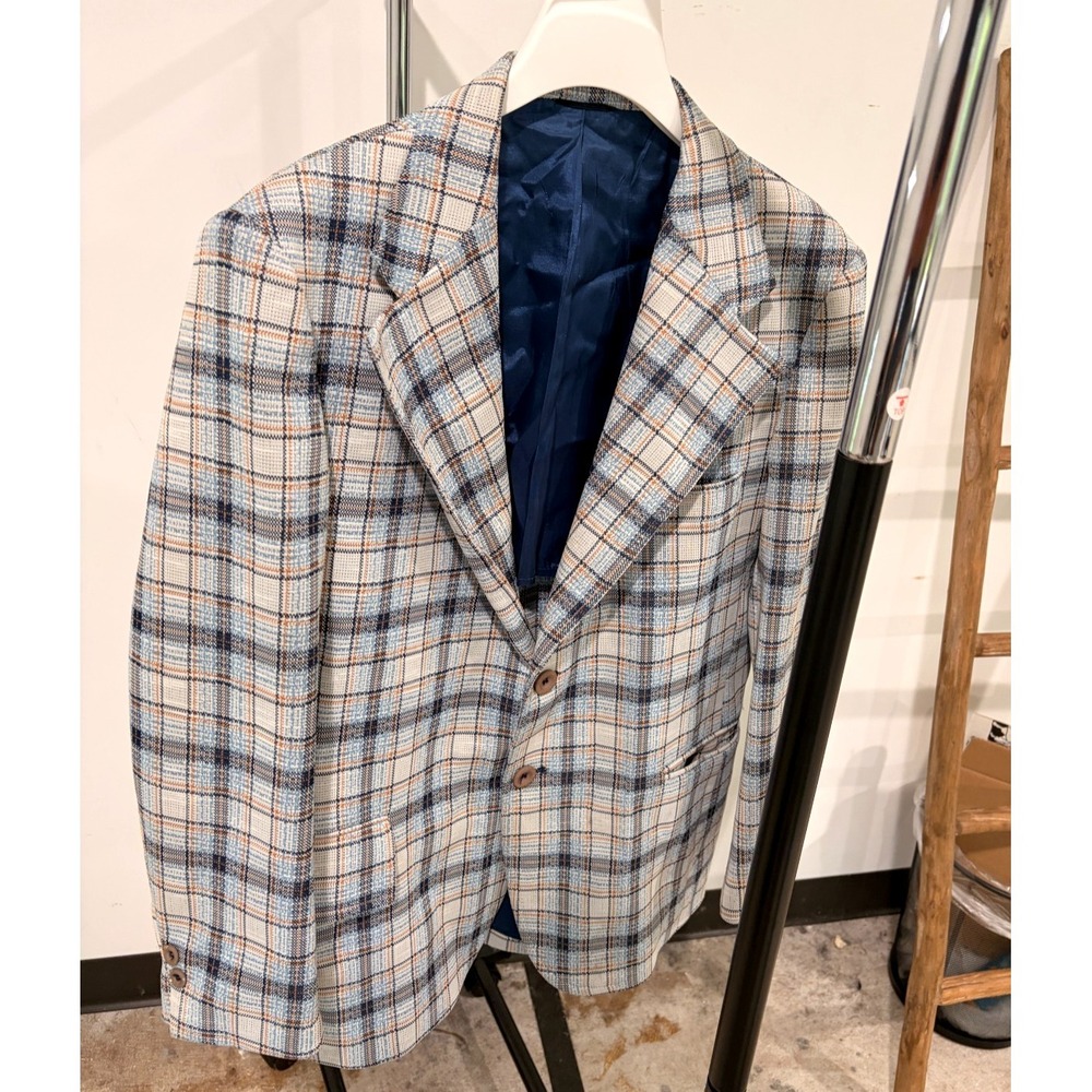 Vintage Sears The Men's Store Plaid Sport Coat Blazer Blue Cream 44R-46R USA